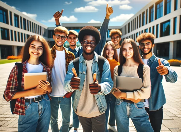 DALL·E 2024-03-19 05.32.13 - Create an image of a diverse group of young African tech scholars outside a modern university building. The image should be vibrant and convey a sense