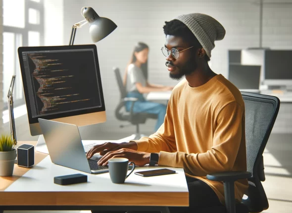 DALL·E 2024-03-20 19.44.57 - A modern office setting with bright white walls and a young African man with glasses and a beanie, focused on working at his computer. He is wearing a